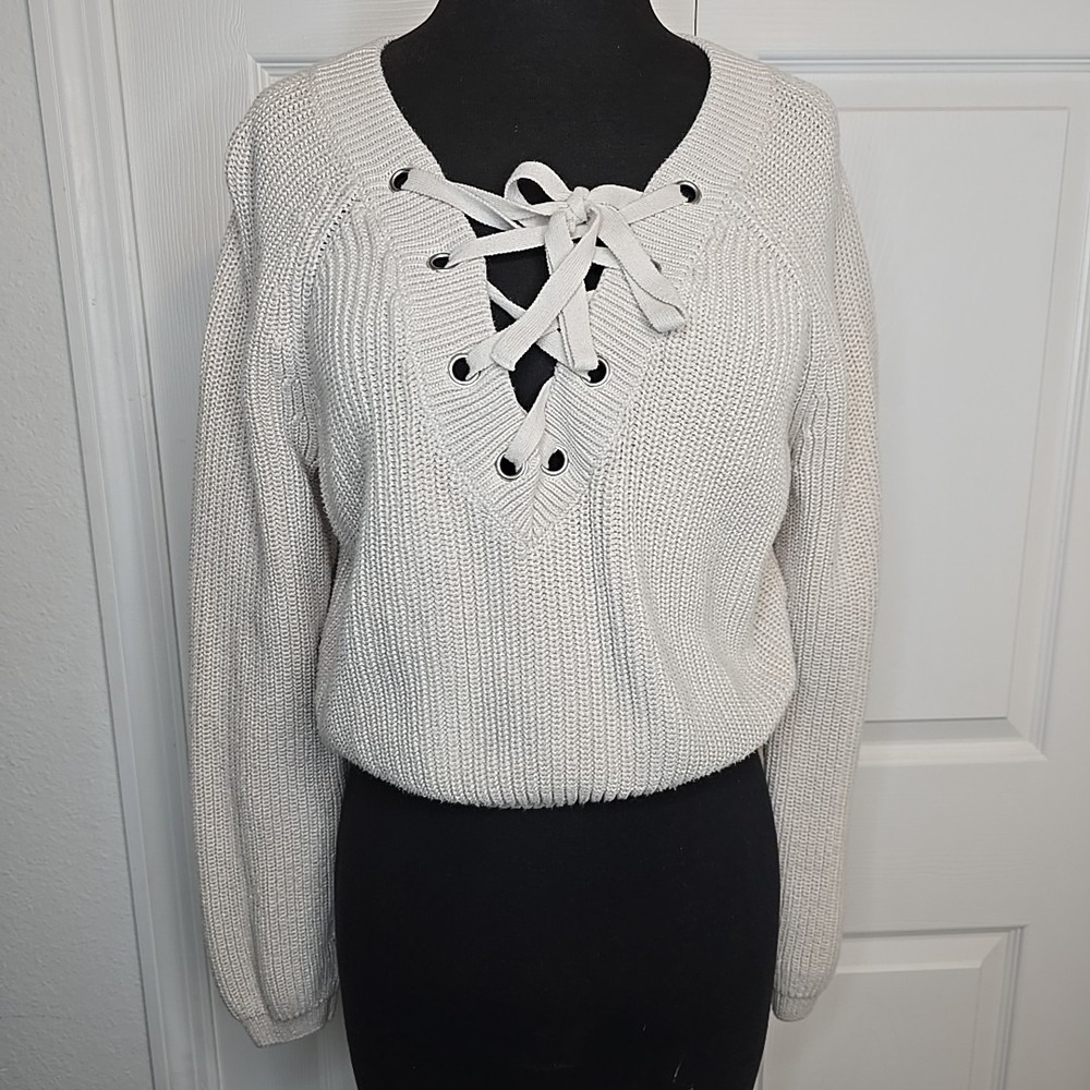 Kendall & Kylie Women Cream Pullover Sweater S Small Tie Front Long Sleeve Knit
